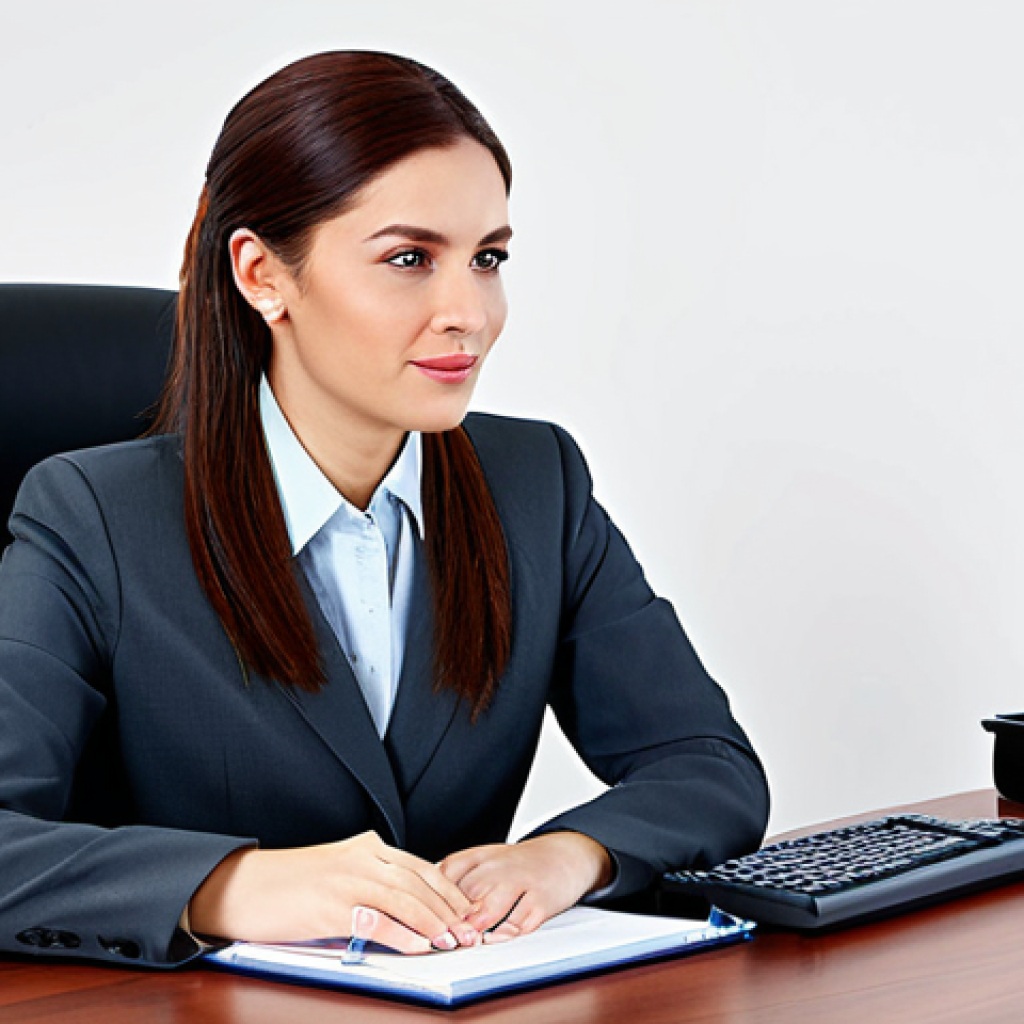 A professional businesswoman in a modest business suit, sitting at a desk in a modern office, fully clothed, appropriate attire, safe for work, perfect anatomy, natural proportions, professional photography, high quality.