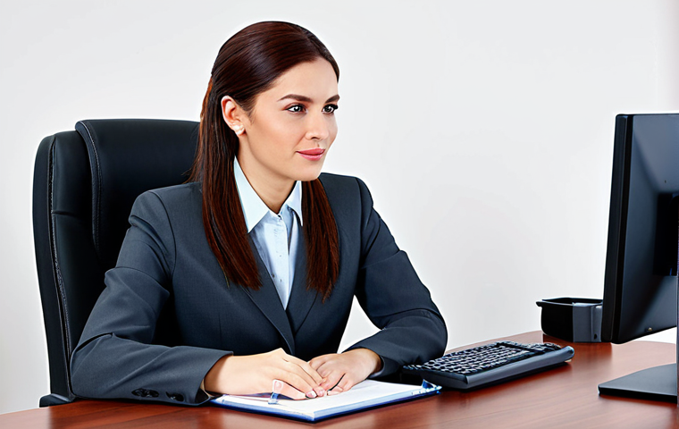 A professional businesswoman in a modest business suit, sitting at a desk in a modern office, fully clothed, appropriate attire, safe for work, perfect anatomy, natural proportions, professional photography, high quality.