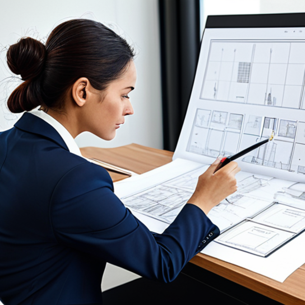 언어 교육학 - **
A professional female architect in a modern office, reviewing blueprints at her desk, fully clot...