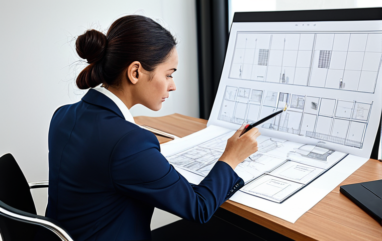 언어 교육학 - **

A professional female architect in a modern office, reviewing blueprints at her desk, fully clot...