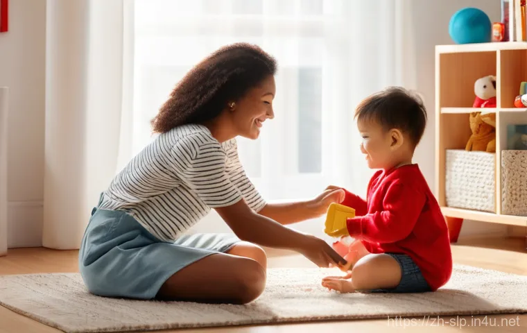 언어치료 기법 - **Prompt:** A heartwarming scene of a mother and her 2-year-old child in a brightly lit, cozy living...