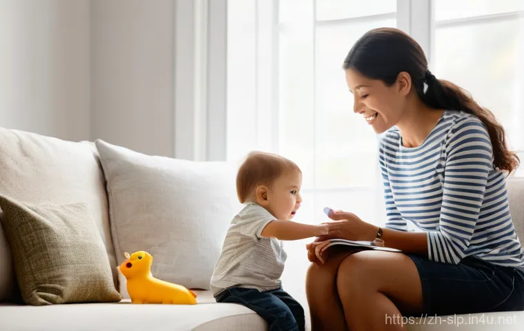언어 장애 평가 기법 - **Prompt:** A heartwarming, softly lit indoor scene. A loving mother, dressed in casual, modest clot...