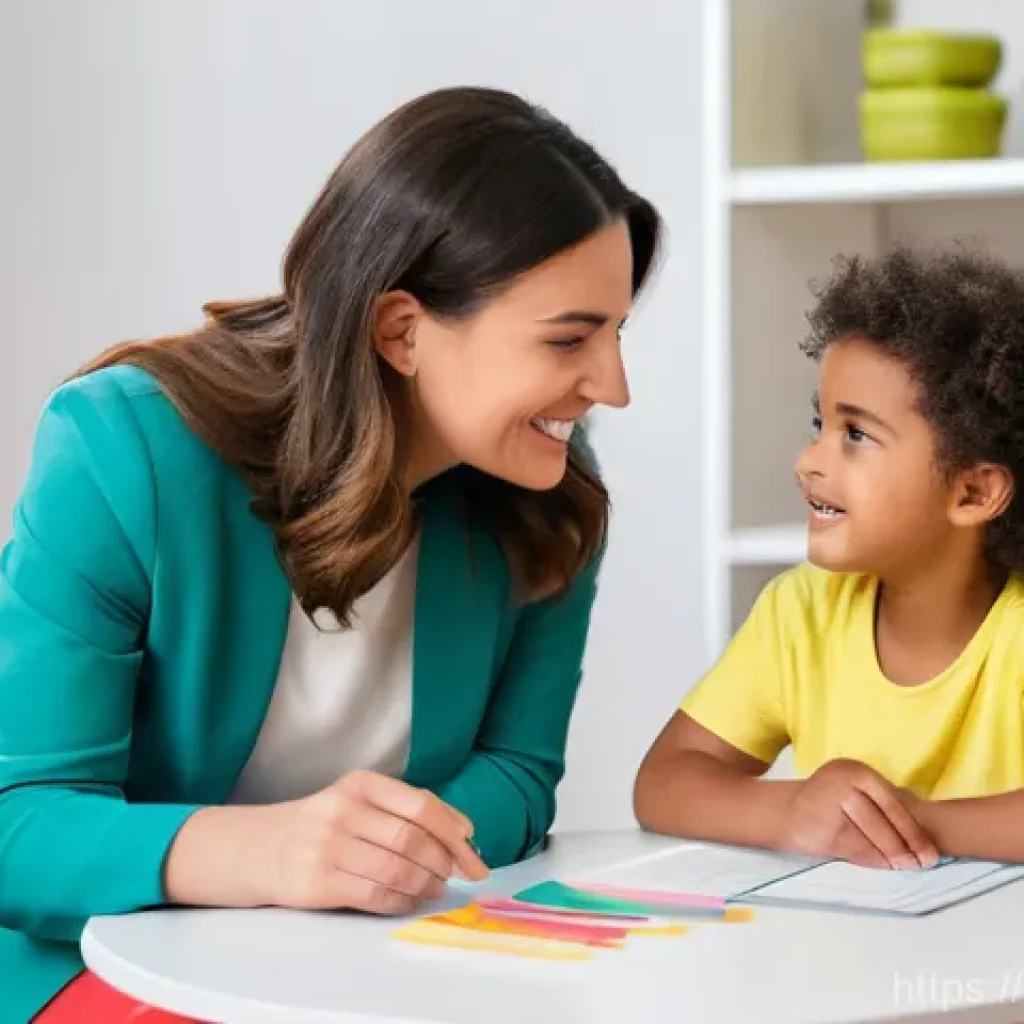 언어병리학 - **Prompt:** A heartwarming scene in a bright, modern speech therapy room. A female speech therapist,...