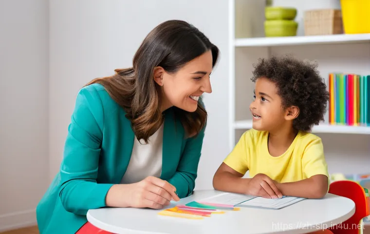 언어병리학 - **Prompt:** A heartwarming scene in a bright, modern speech therapy room. A female speech therapist,...