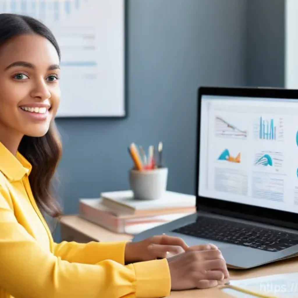언어치료 교육과정 - A bright and hopeful young woman, fully clothed in smart casual attire, sits at a modern, organized ...