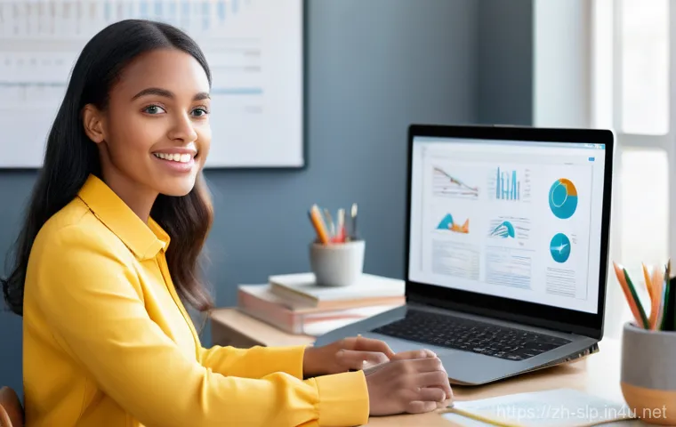 언어치료 교육과정 - A bright and hopeful young woman, fully clothed in smart casual attire, sits at a modern, organized ...