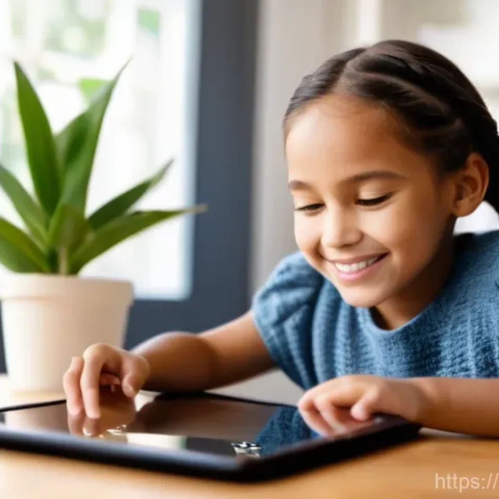 언어 및 의사소통 장애 - **Prompt 1: Empowered Communication with Technology**
A bright, candid shot of a young girl, abo...