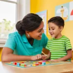 언어치료학 개론 - **Prompt Title: Engaging Language Development in Children**
    A brightly lit, spacious therapy roo...