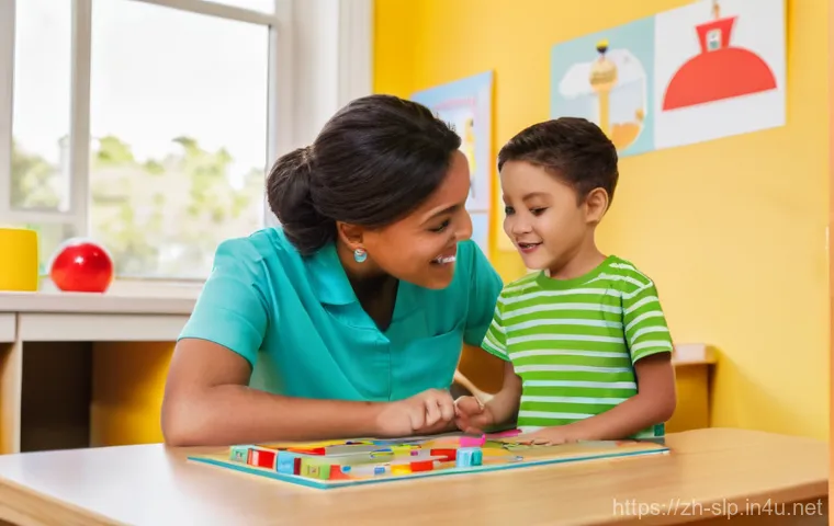 언어치료학 개론 - **Prompt Title: Engaging Language Development in Children**
    A brightly lit, spacious therapy roo...