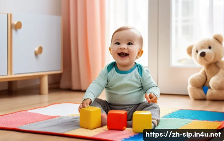 아동 언어 치료 평가 - **Prompt:** "A toddler, around 2 years old, wearing a cloth diaper, is sitting on a colorful playmat...