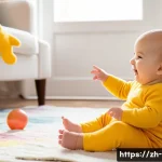 언어발달 이론 - A whimsical and heartwarming scene illustrating the very beginning of language acquisition. A smilin...