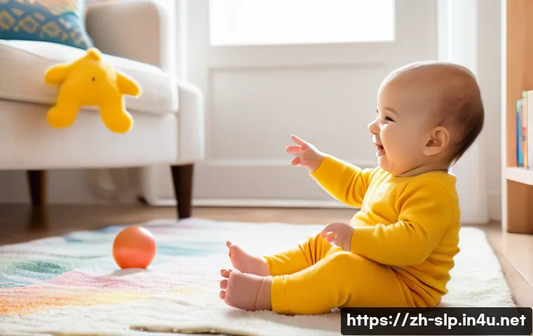 언어발달 이론 - A whimsical and heartwarming scene illustrating the very beginning of language acquisition. A smilin...